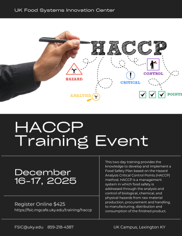 Hazard Analysis and Critical Control Points Flyer. Black background with white text : HACCP Training Event, date and time included on webpage post. Image of a hand gripping a pencil writing HACCP and a diagram of critical controls points.